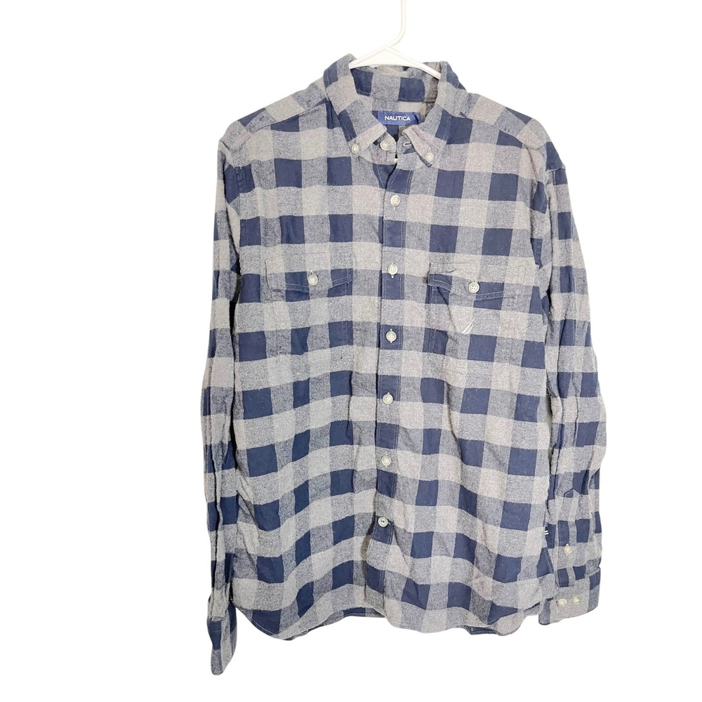 Nautica L Grey Navy Blue Flannel Shirt Buffalo Check Plaid Button Down Preppy - Picture 2 of 9